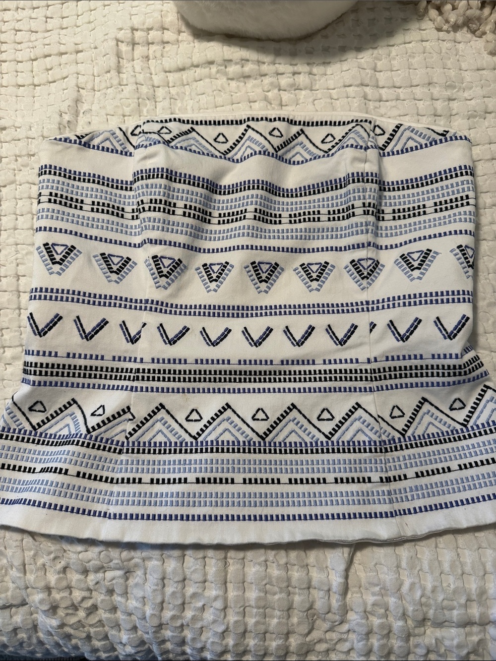 White House Black Market White Strapless Top with Blue Embroidery